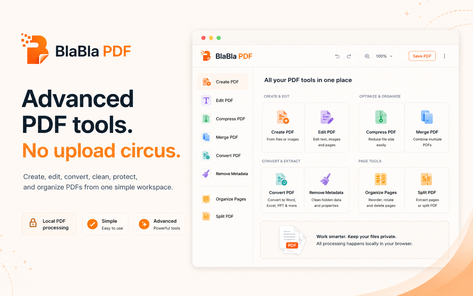 BlaBla PDF workspace showing advanced PDF tools without upload-first workflow